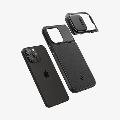 ACS06599 - iPhone 15 Pro Max Case Optik Armor (MagFit) in black showing the back with lens slot open